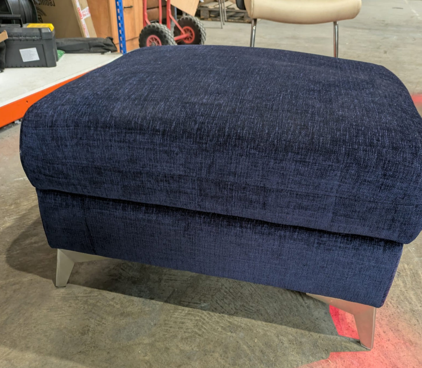 DFS-HO2-02854 Grade-C0 DFS Storage footstool in Navy fabric with silver legs RRP £220