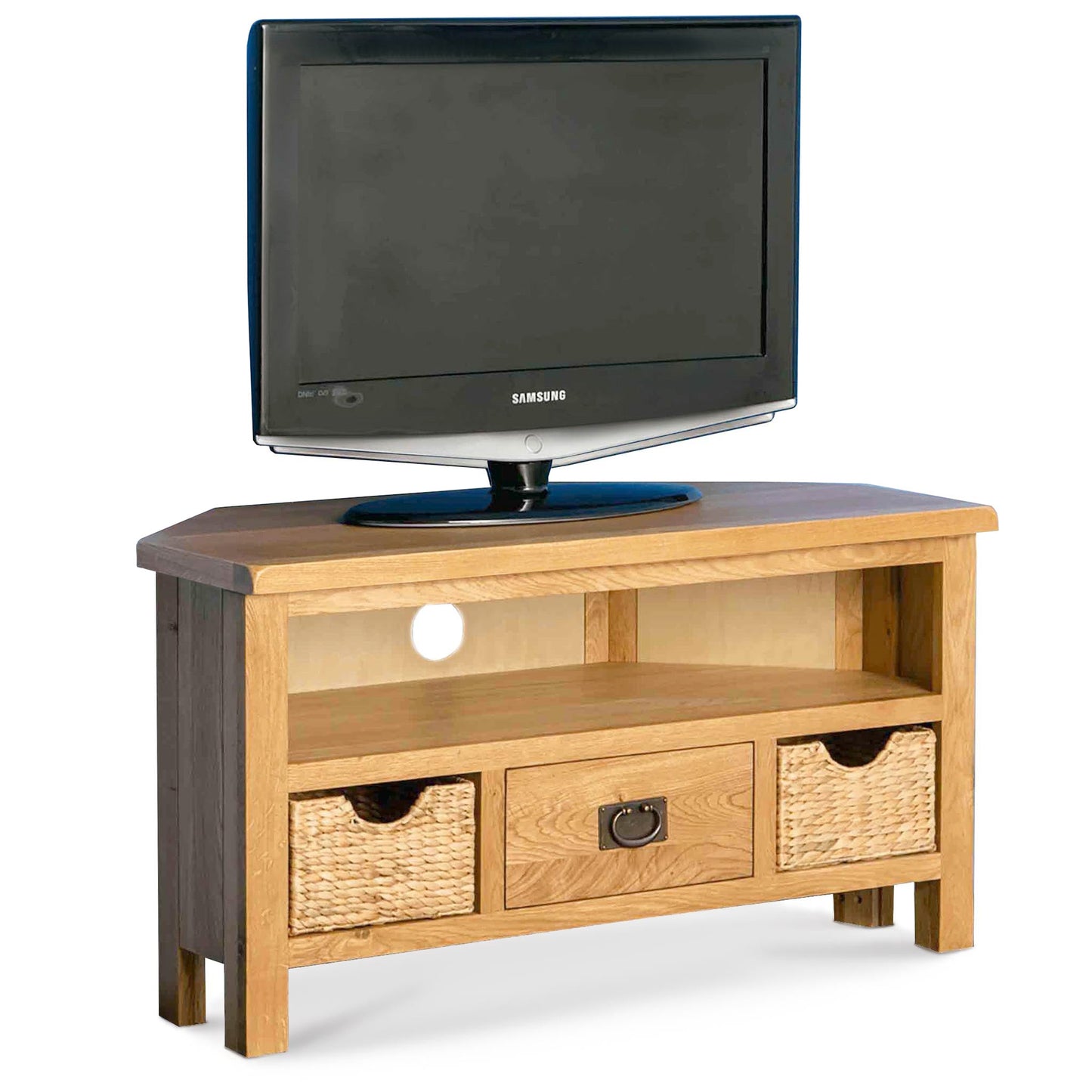 ROS-OUT-00633 Grade-B Roseland Furniture Surrey Oak Corner TV Stand with Baskets RRP £224.95