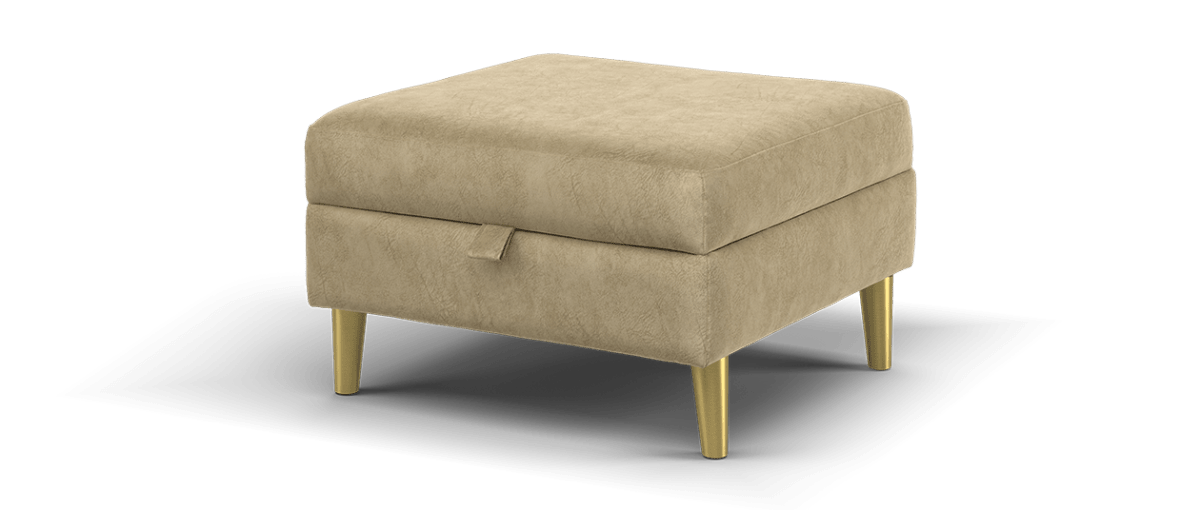 SOF-APM-00934 Grade-C1 Sofology Hackney Storage Footstool Lifestyle Dapple Fabric Caramel All Over Brushed Brass Feet RRP £349