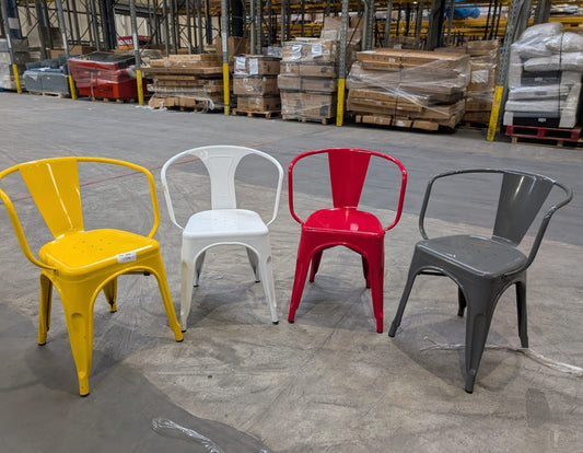 4x Tolix Style Metal Stacking Chairs - 1x yellow 1x Red 1x White 1x Grey (ref REA-APM-02386) RRP £30 each Total RRP £120