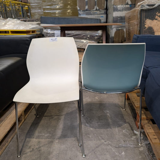 3x Kalea Kastel Stackable Chairs - White with Light Blue Backs - Good with signs of use (ref REA-APM-02379) RRP £199 each - Total RRP £597