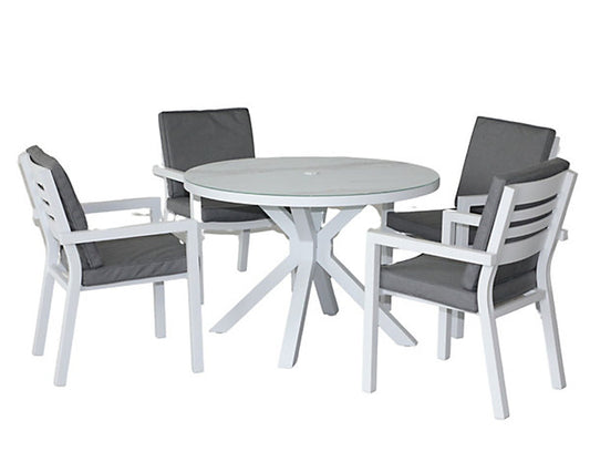 Grade-A Rattan Direct Sydney 4 Seater Alum Chairs and Round Ceramic Table RRP £599