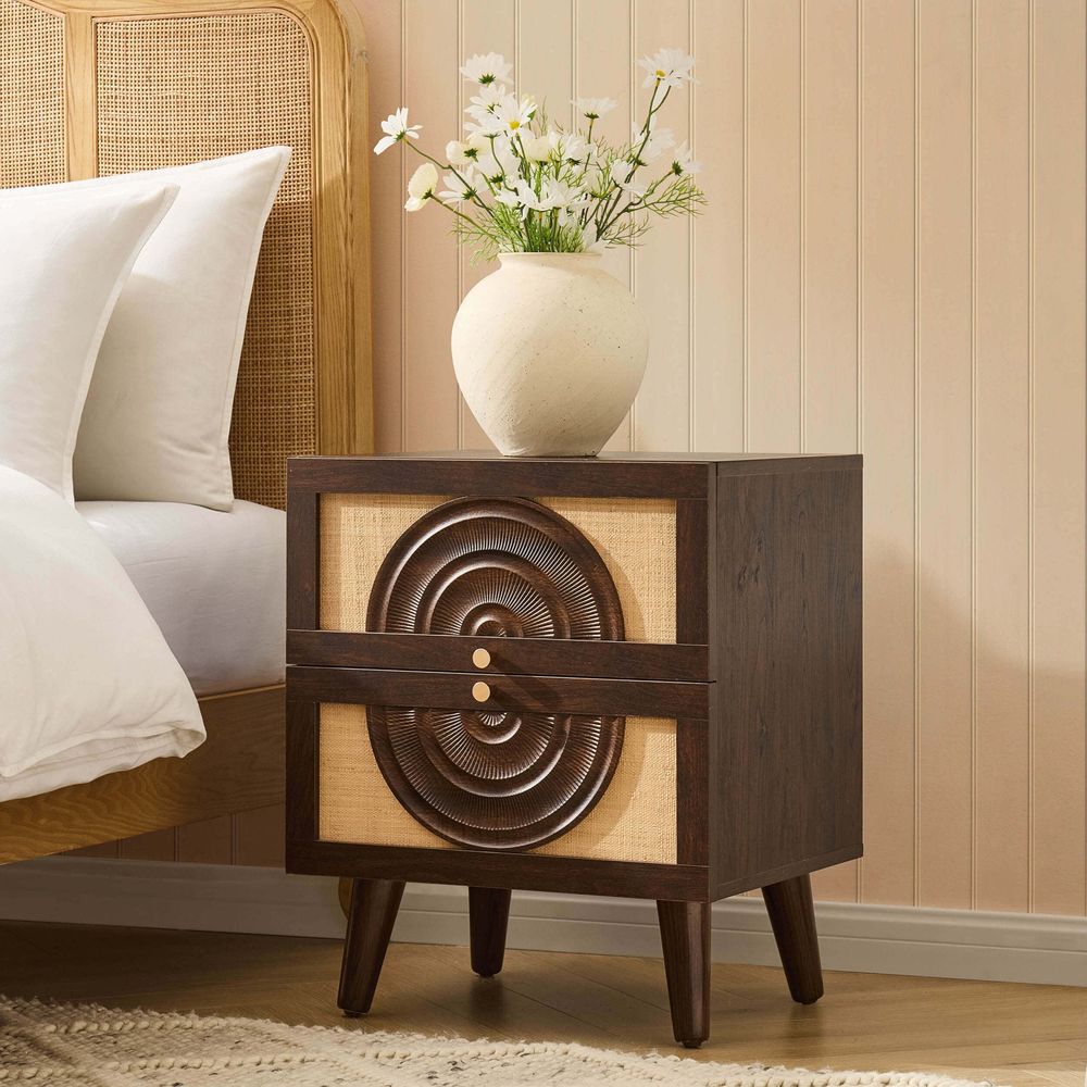 DUS-CC2-04925 Grade-C3 Dusk Raven Rattan 2 Drawer Bedside Table - Walnut RRP £119.00