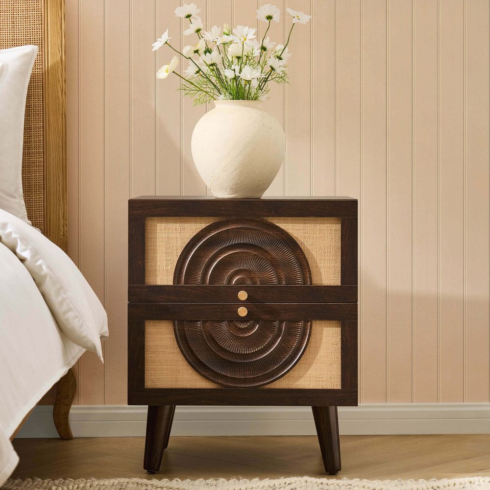 DUS-CC2-04925 Grade-C3 Dusk Raven Rattan 2 Drawer Bedside Table - Walnut RRP £119.00