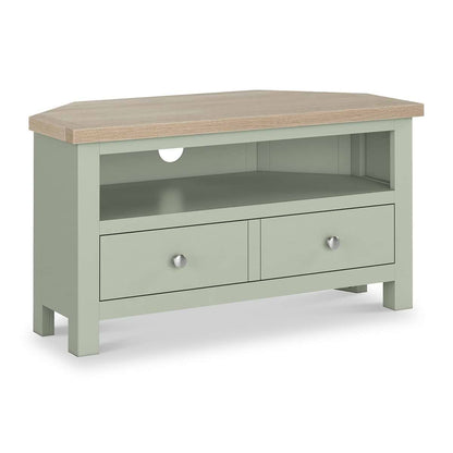 ROS-OUT-00490 Grade-C1 Roseland Furniture Farro Corner TV Unit Washed Oak & Sage RRP £164.95