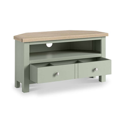 ROS-OUT-00490 Grade-C1 Roseland Furniture Farro Corner TV Unit Washed Oak & Sage RRP £164.95