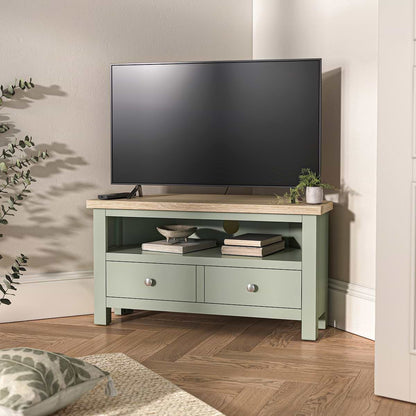 ROS-OUT-00490 Grade-C1 Roseland Furniture Farro Corner TV Unit Washed Oak & Sage RRP £164.95