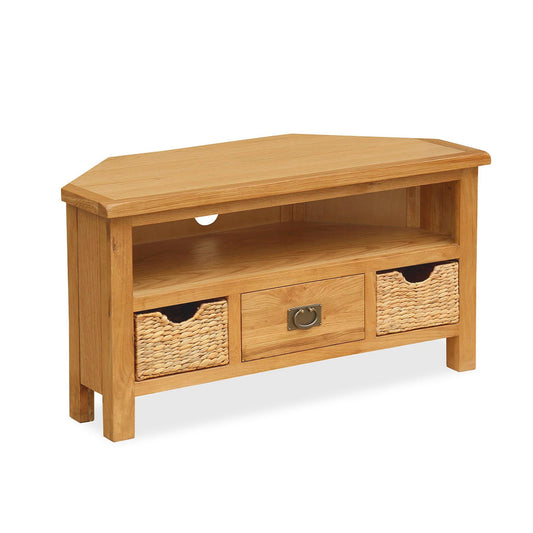 ROS-OUT-00633 Grade-B Roseland Furniture Surrey Oak Corner TV Stand with Baskets RRP £224.95