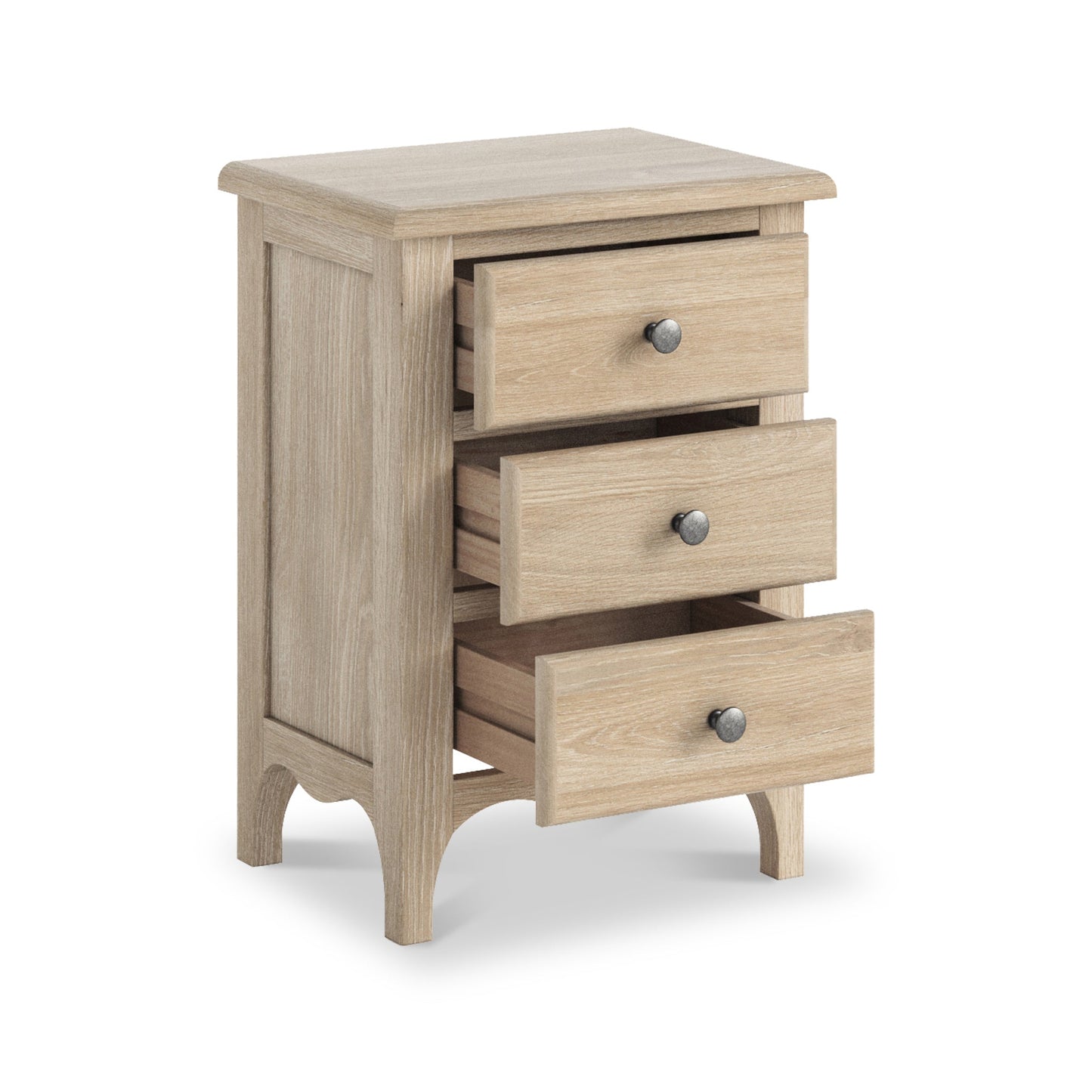 ROS-OUT-00621 Grade-C1 Roseland Furniture Celine Washed Oak 3 Drawer Bedside Table RRP £139.95