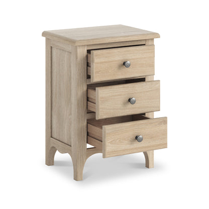 ROS-OUT-00621 Grade-C1 Roseland Furniture Celine Washed Oak 3 Drawer Bedside Table RRP £139.95