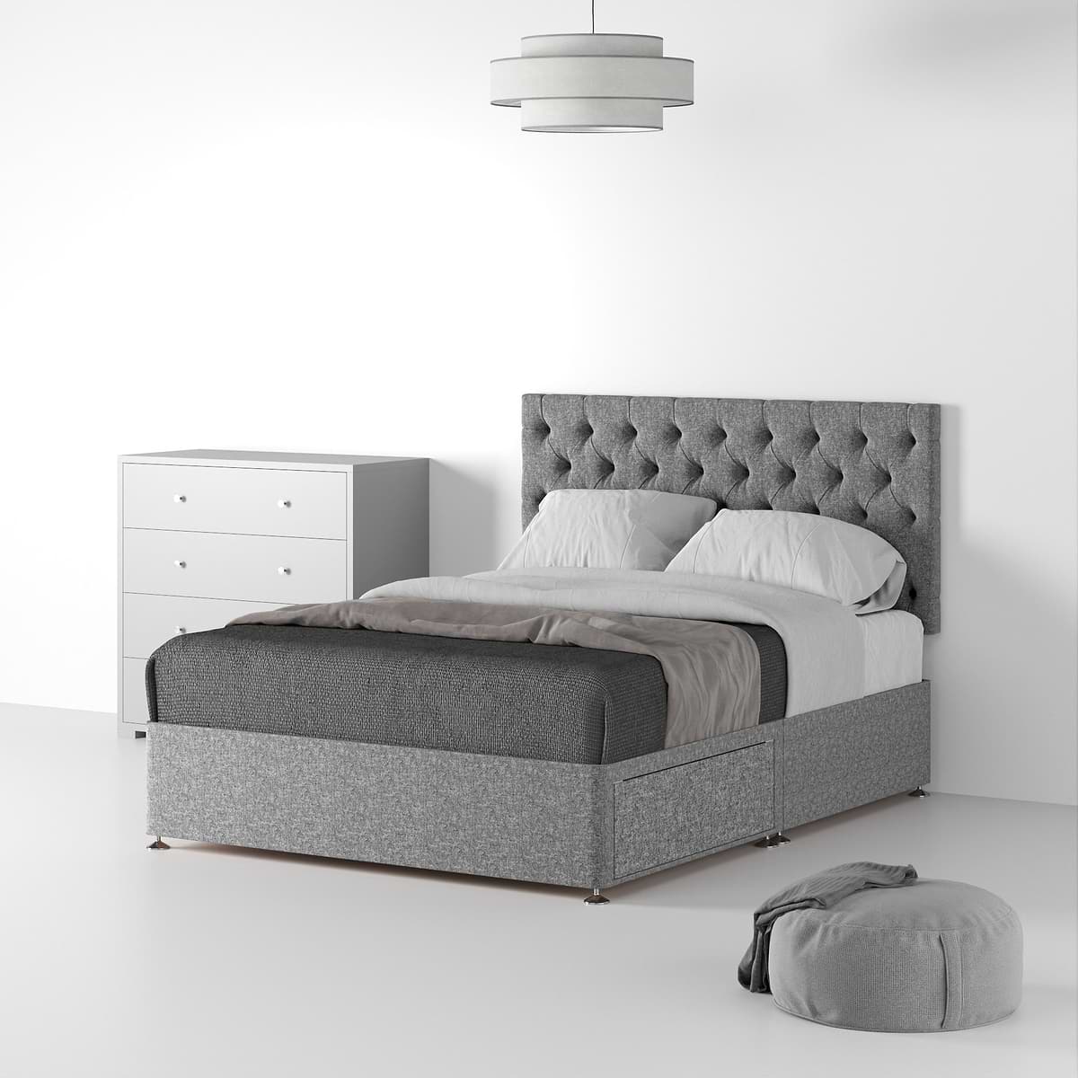 ROS-OUT-00343 Grade-B Roseland Furniture Farrow Diamond 26 Headboard & Divan - Linen Look-King-2 Drawers - Linen Silver RRP £379.95