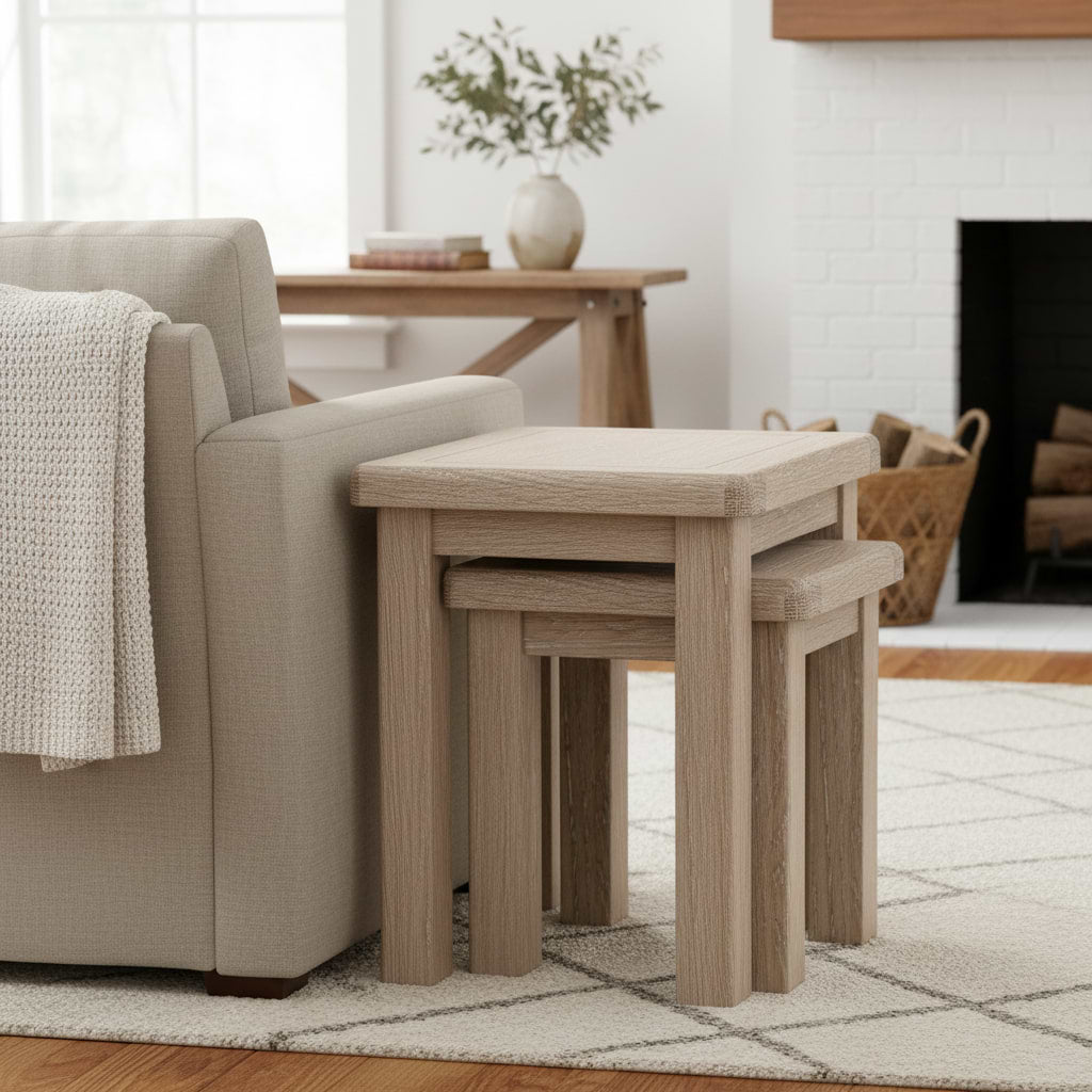 ROS-OUT-00346 Grade-B Roseland Furniture Portland Washed Oak Nest Of Tables RRP £144.95