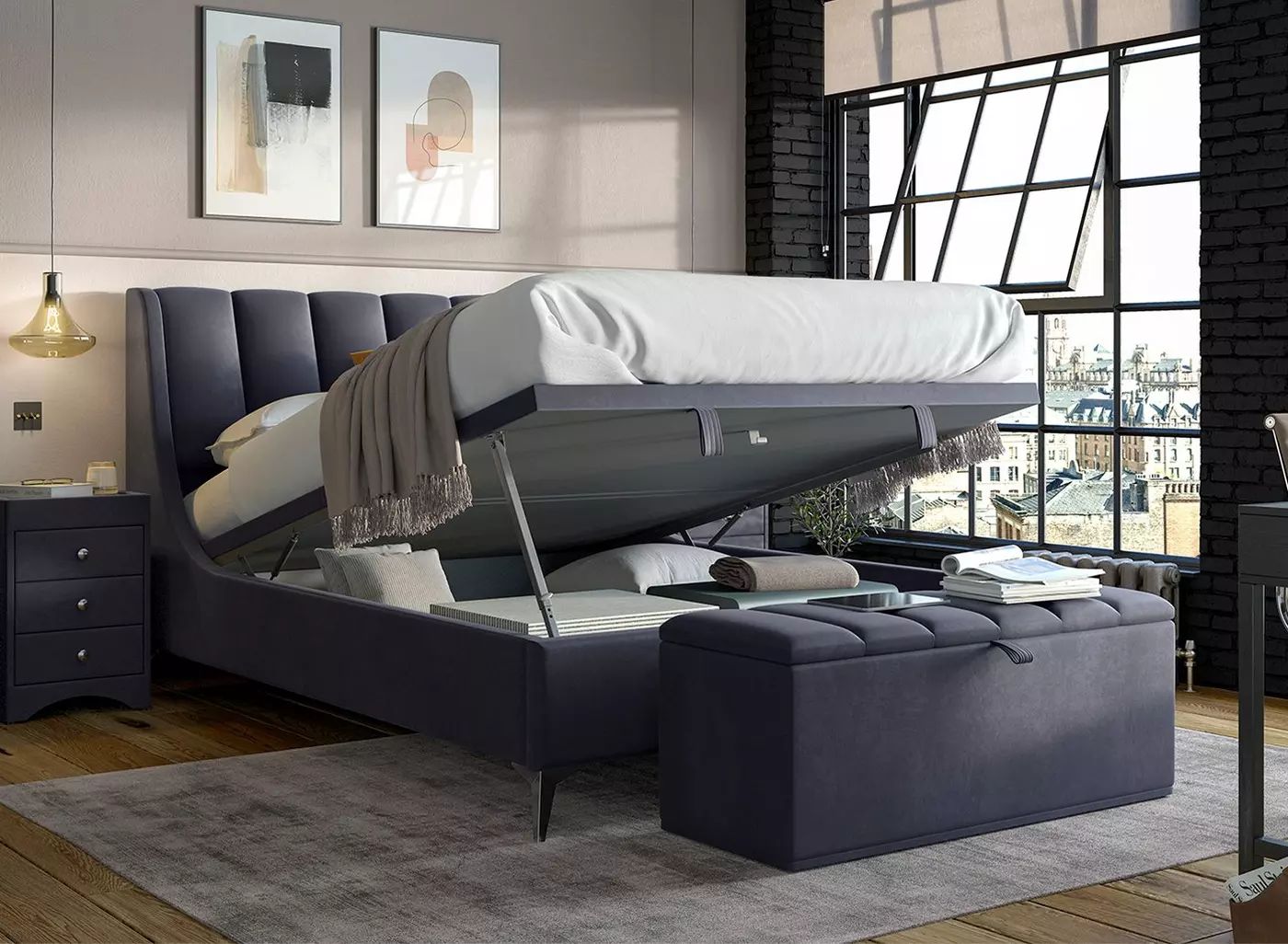 DRE-BED-00014 Grade-BER Dreams Enzo Double Ottoman Bed Navy RRP £1199.00