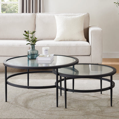 DUS-GOL-02625 Grade-B Dusk Glass Round Nesting Coffee Tables - Black RRP £129