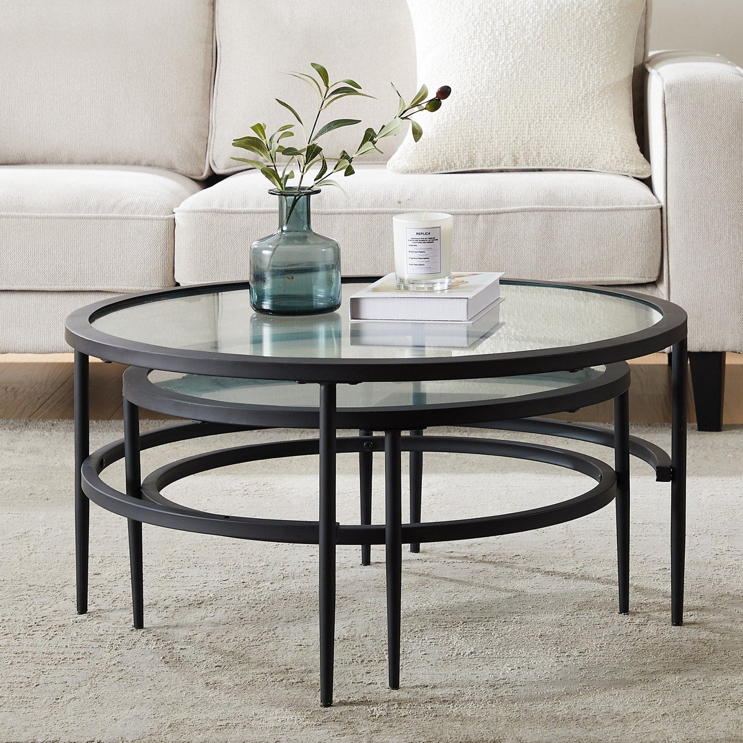DUS-GOL-02625 Grade-B Dusk Glass Round Nesting Coffee Tables - Black RRP £129