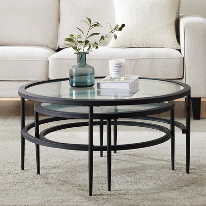 DUS-GOL-02625 Grade-B Dusk Glass Round Nesting Coffee Tables - Black RRP £129