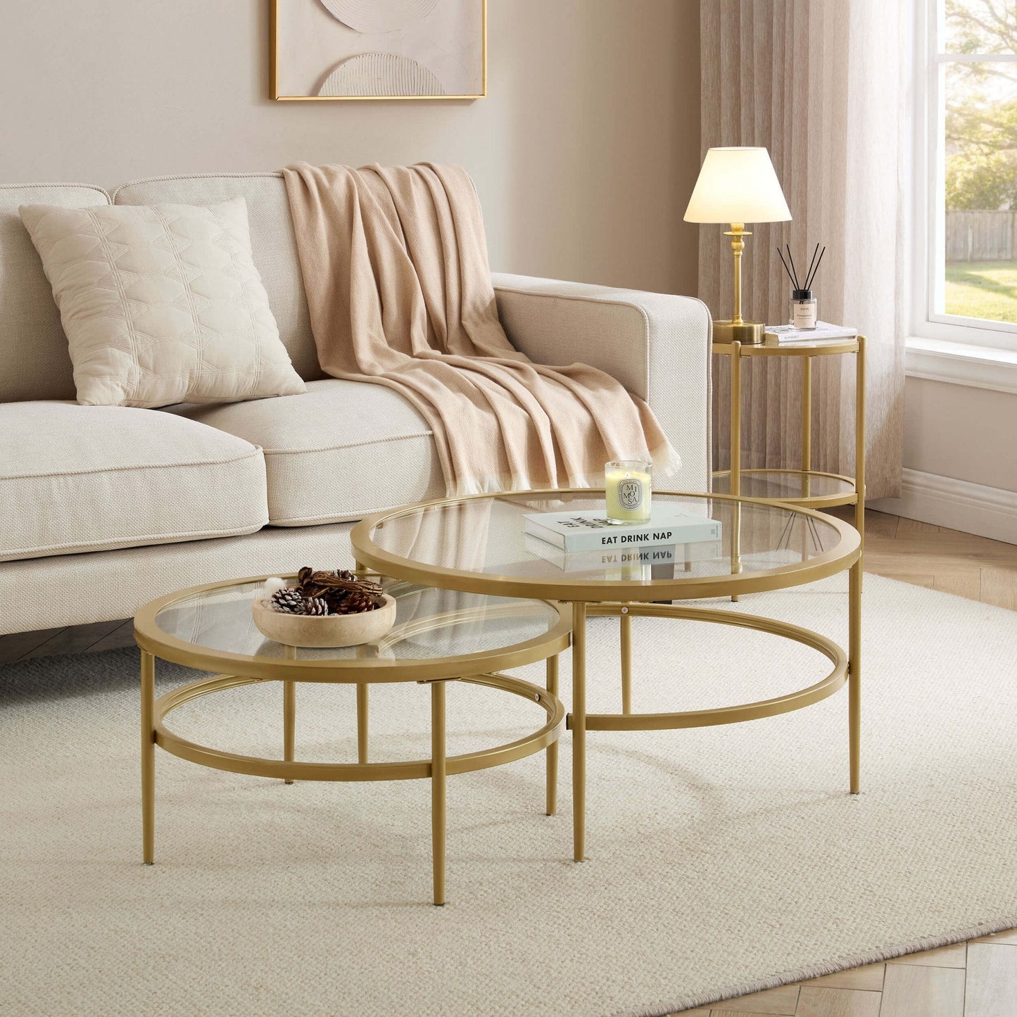 DUS-CC2-05100 Grade-B Dusk Glass Round Nesting Coffee Tables - Gold RRP £129.00