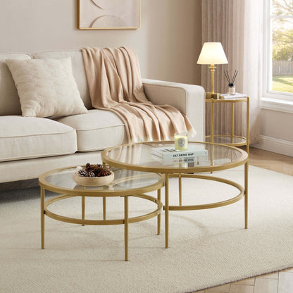 DUS-CC2-05100 Grade-B Dusk Glass Round Nesting Coffee Tables - Gold RRP £129.00