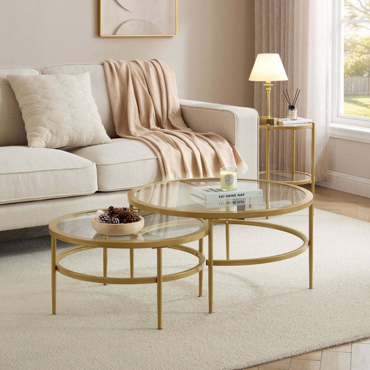 DUS-CC2-03877 Grade-B Dusk Glass Round Nesting Coffee Tables - Gold RRP £129.00