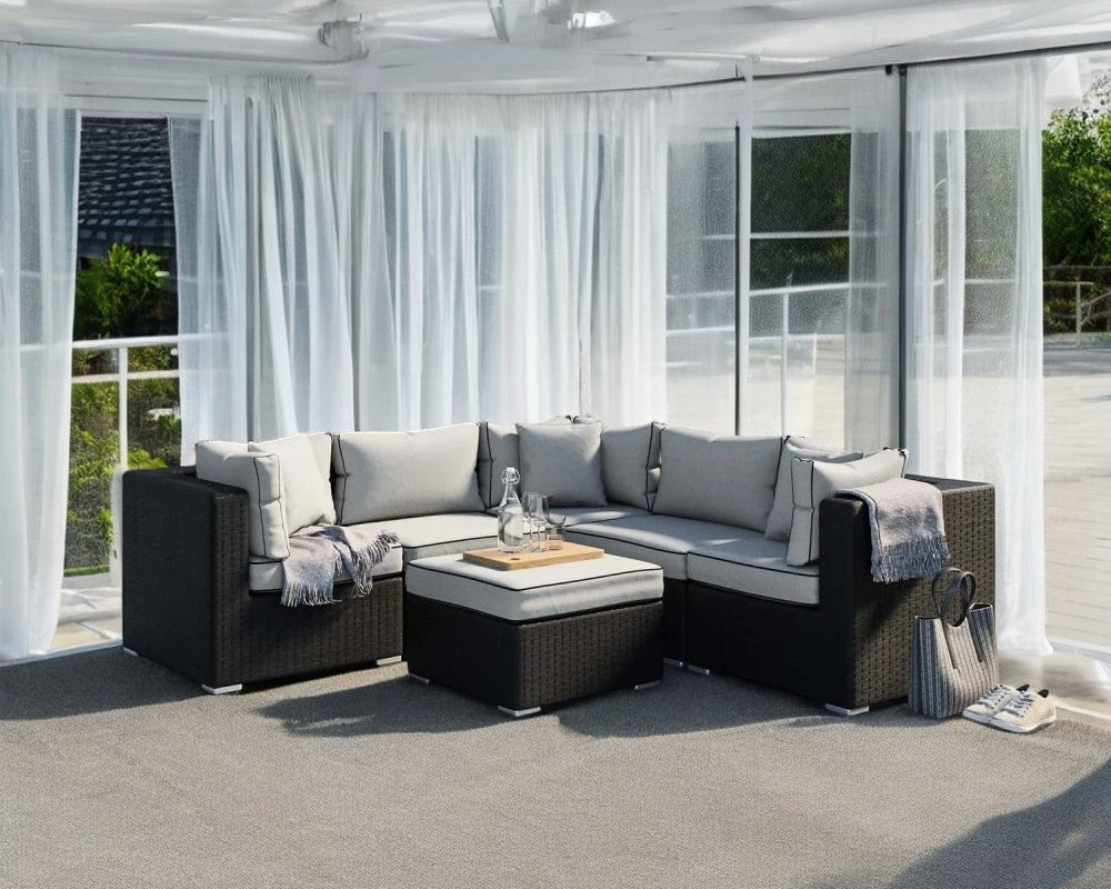 Grade-A Rattan Direct Florida 6 Piece Corner Sofa Set in Black and Vanilla RRP £1089