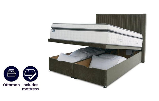 DFS-HO2-03009 Grade-B DFS Lane King Size Ottoman Bedframe With Headboard And Geltex 2000 Mattress Baby Cord Hunter RRP £2499