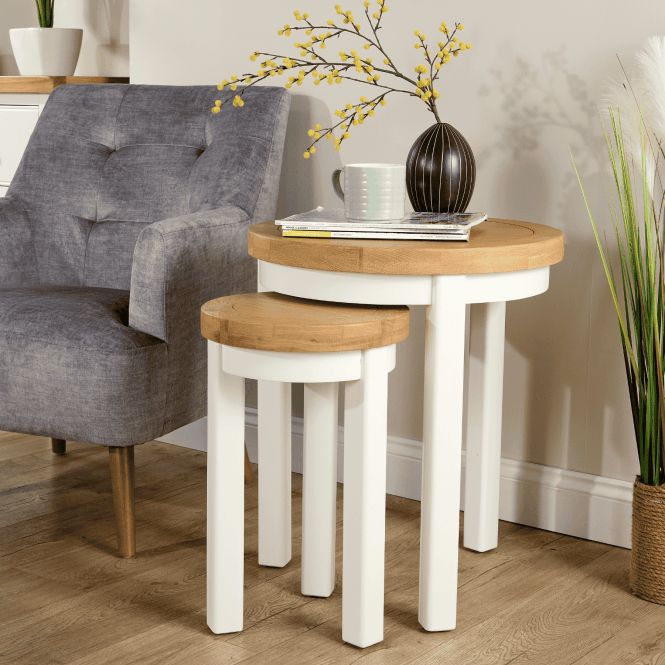 BFW-GOL-00911 Grade-C3 Big Furniture Warehouse Easton White Round Nest of 2 Tables RRP £90