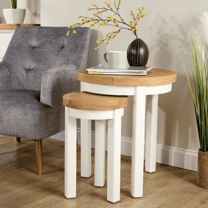 BFW-GOL-00911 Grade-C3 Big Furniture Warehouse Easton White Round Nest of 2 Tables RRP £90