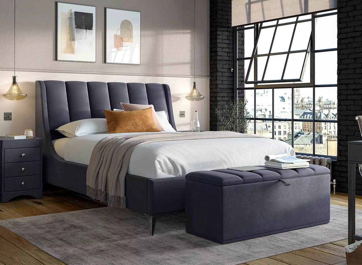 DRE-BED-00014 Grade-BER Dreams Enzo Double Ottoman Bed Navy RRP £1199.00