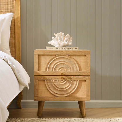 DUS-CC2-05166 Grade-B Dusk Raven Light Wood & Rattan 2 Drawer Bedside Table RRP £119.00