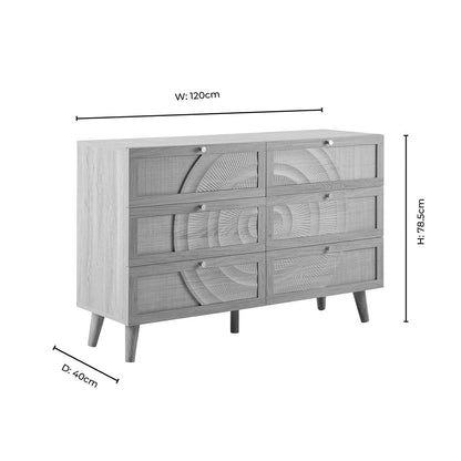 DUS-CC2-05482 Grade-B Dusk Raven Light Wood & Rattan 6 Drawer Chest RRP £259.00