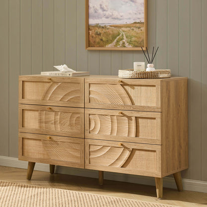 DUS-CC2-05482 Grade-B Dusk Raven Light Wood & Rattan 6 Drawer Chest RRP £259.00
