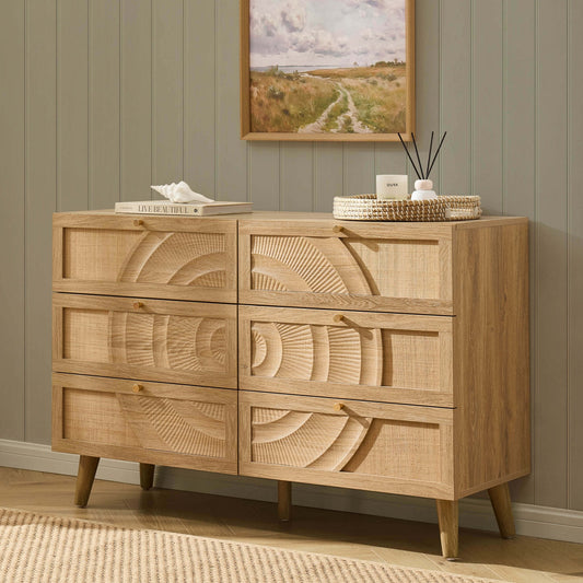 DUS-CC2-05482 Grade-B Dusk Raven Light Wood & Rattan 6 Drawer Chest RRP £259.00