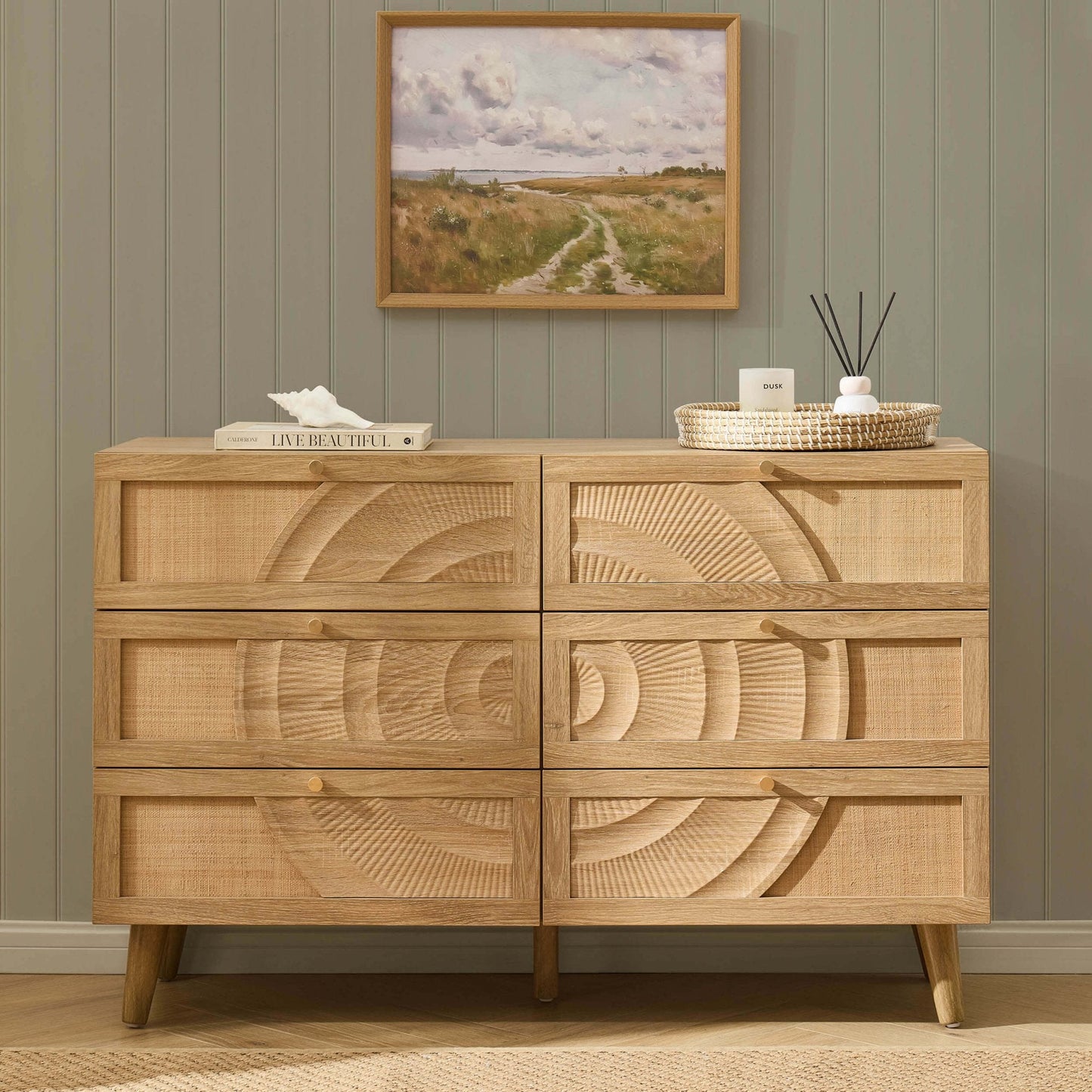 DUS-CC2-05482 Grade-B Dusk Raven Light Wood & Rattan 6 Drawer Chest RRP £259.00
