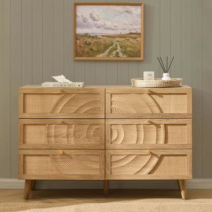 DUS-CC2-05482 Grade-B Dusk Raven Light Wood & Rattan 6 Drawer Chest RRP £259.00
