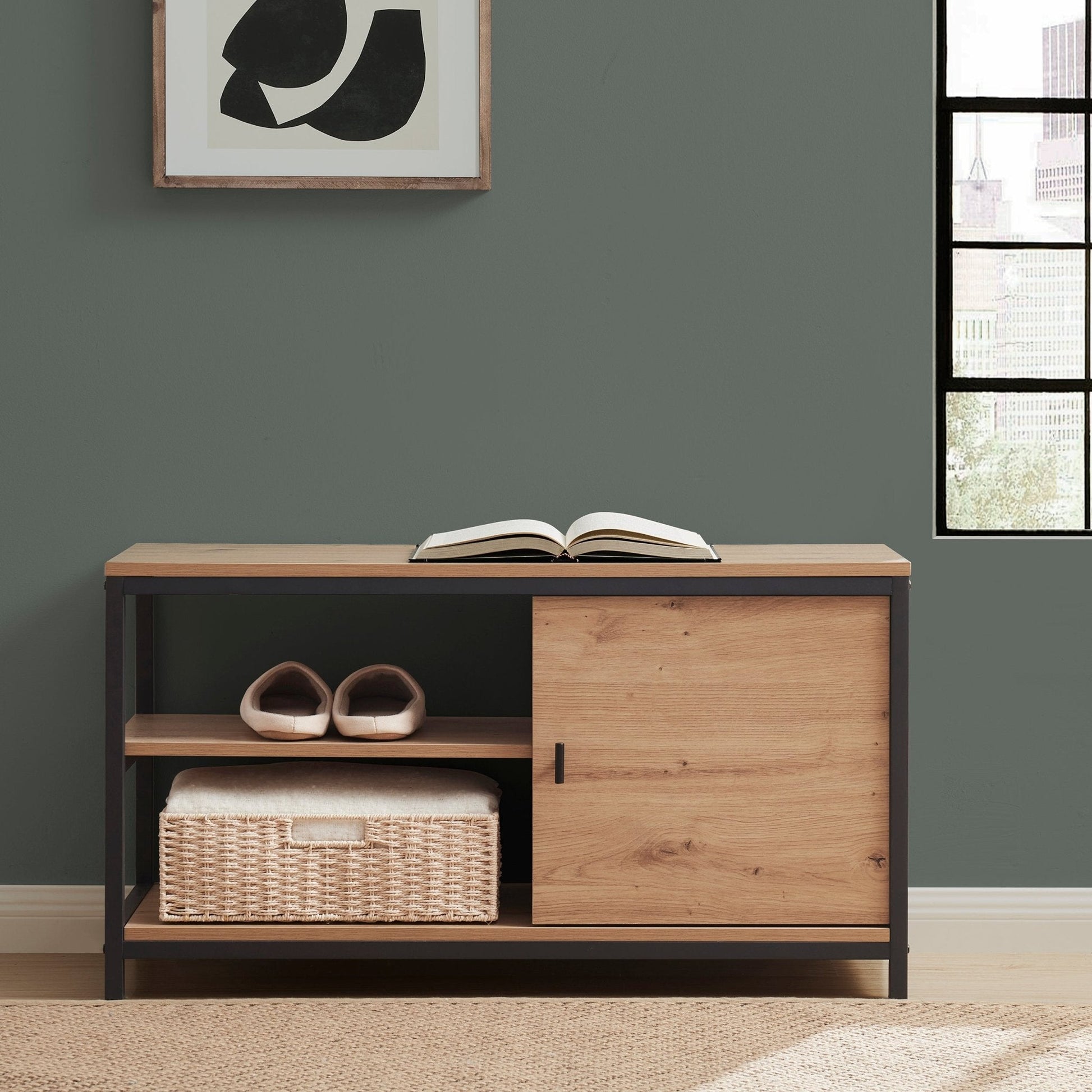 Image 1 - DUS-GOL-01579 Grade-B Dusk Willow Shoe Storage Bench - Oak Effect 