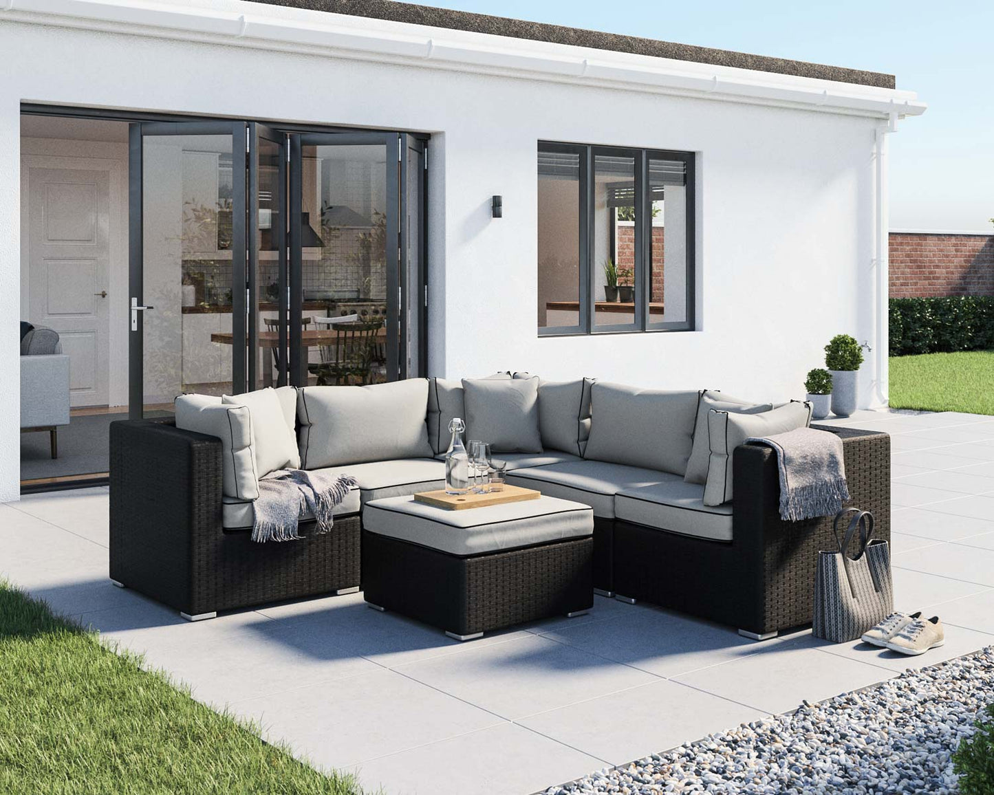 Grade-A Rattan Direct Florida 6 Piece Corner Sofa Set in Black and Vanilla RRP £1089